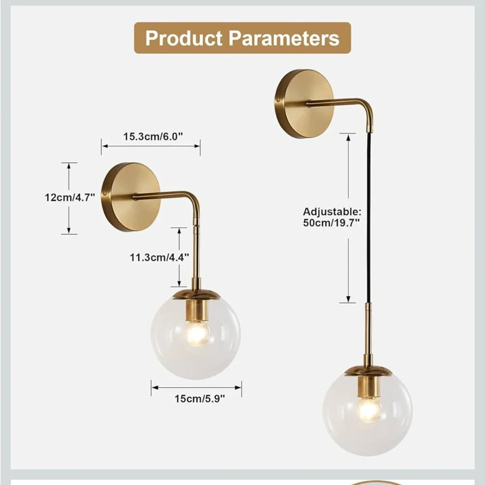 NIB Modern Wall Sconce Fixture Set of 2 Gold Adjustable Cord Brass Round Glass